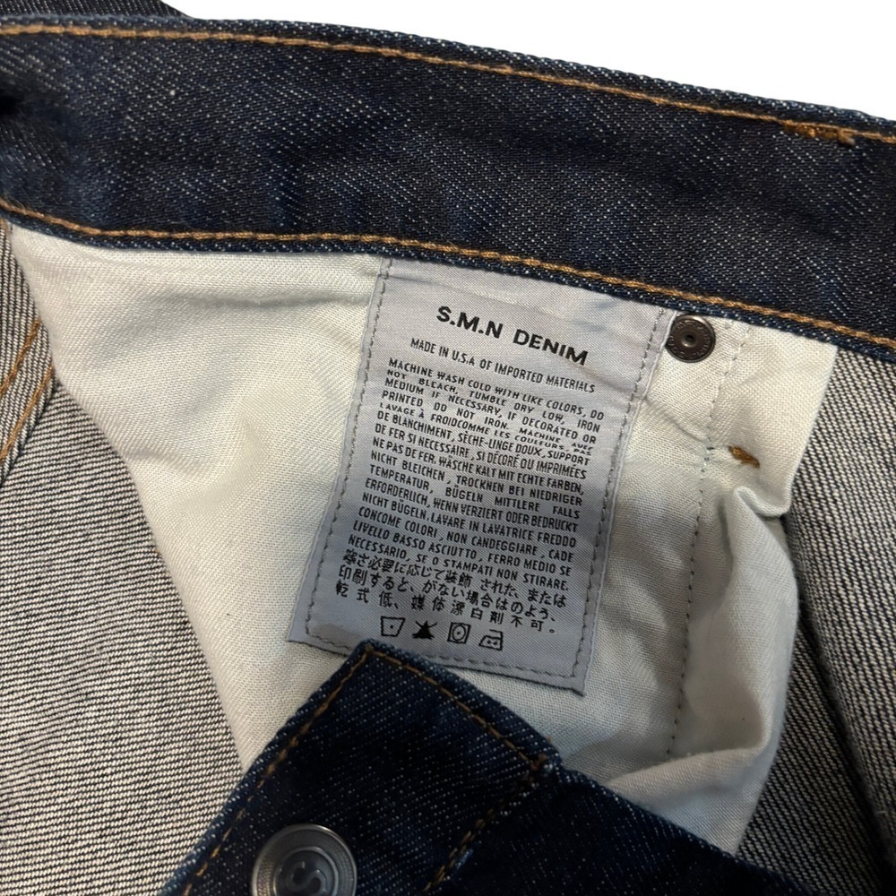SMN Denim Selvedge Jeans The Hunter Standard Slim Sz 38x28 Dark Wash Distressed - Picture 6 of 8